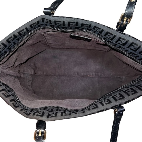 {EUC Fendi Black Zucchino Monogram Canvas Mini Tote Leather Handles Charm} - Picture 12 of 16